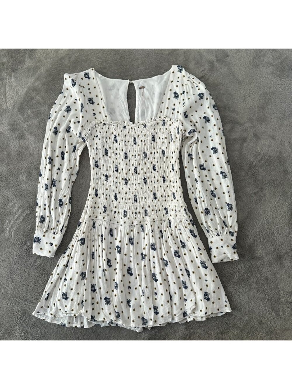 Free People Two Faces Square Neck Mini Dres Long Sleeve SMALL White Floral